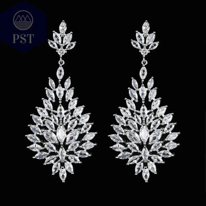 LXOEN Marquise Cut Flower Zirconia Crystal Long Drop Earrings for Women Shiny Leaf CZ Stone Bridal Wedding Jewelry       PST PS Tradings