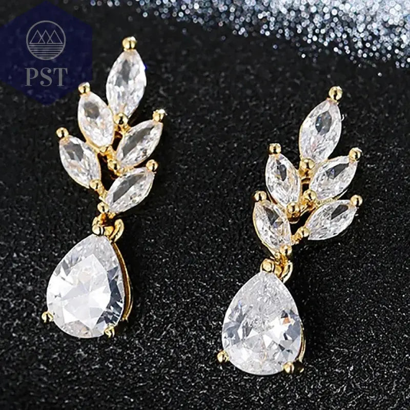 LXOEN Marquise Cut Flower Zirconia Crystal Long Drop Earrings for Women Shiny Leaf CZ Stone Bridal Wedding Jewelry       PST PS Tradings