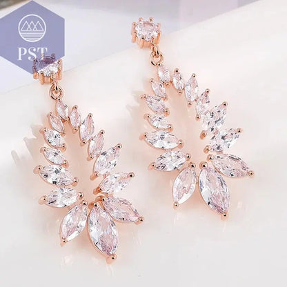 LXOEN Marquise Cut Flower Zirconia Crystal Long Drop Earrings for Women Shiny Leaf CZ Stone Bridal Wedding Jewelry       PST PS Tradings