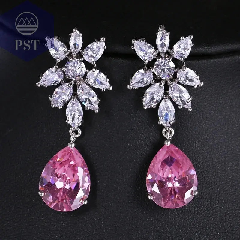LXOEN Marquise Cut Flower Zirconia Crystal Long Drop Earrings for Women Shiny Leaf CZ Stone Bridal Wedding Jewelry       PST PS Tradings