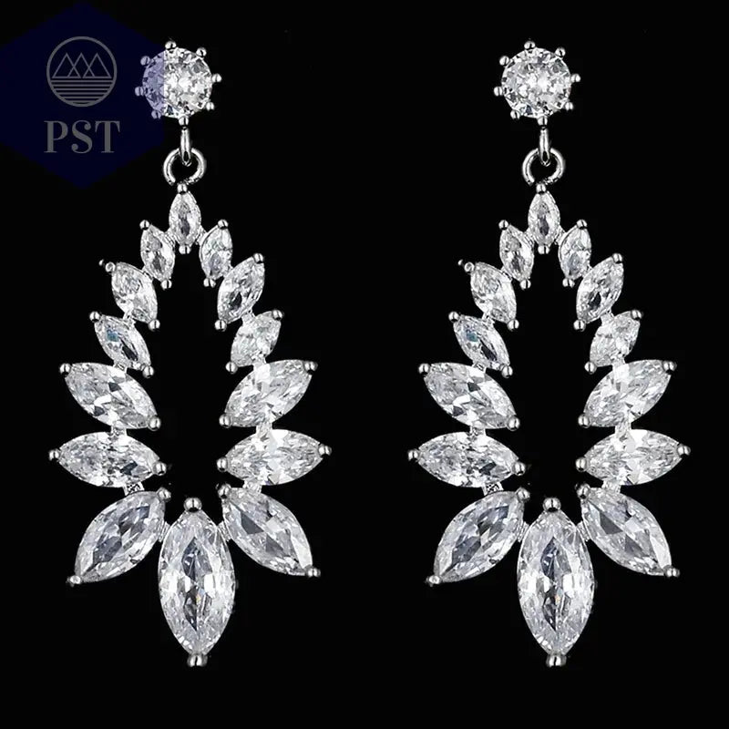 LXOEN Marquise Cut Flower Zirconia Crystal Long Drop Earrings for Women Shiny Leaf CZ Stone Bridal Wedding Jewelry       PST PS Tradings