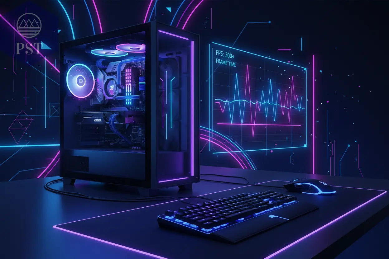 Gaming PC Performance dargestellt mit einem Gaming PC, Tastatur, MAus und Monitor mit 300+ FPS